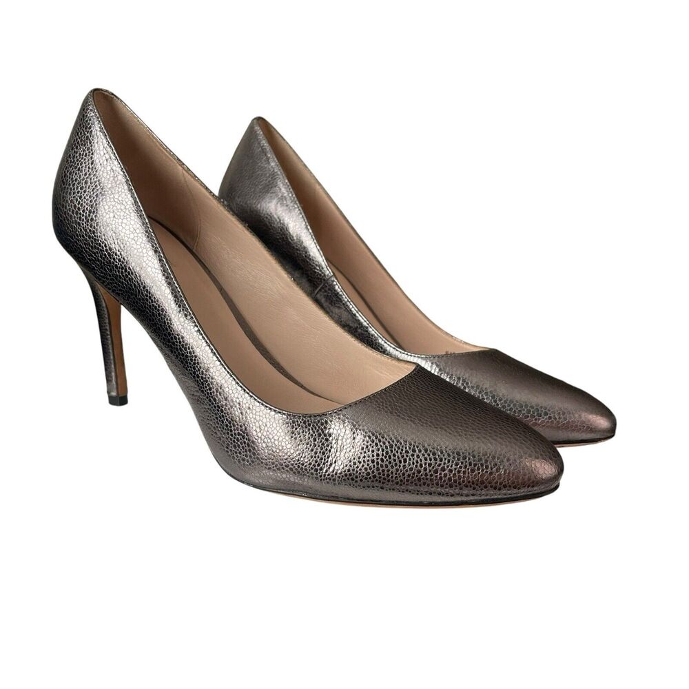 Cole Haan 10 B High Heels Metallic Pewter Silver Leather Almond Toe
